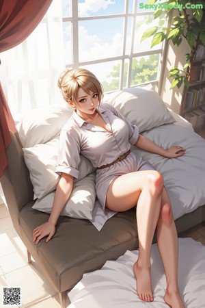 A woman sitting on a red chair in a white dress.