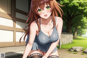 A girl in a school uniform standing in the middle of a forest.