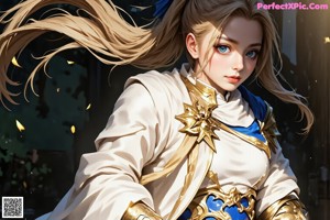 A girl with long blonde hair wearing a white and blue outfit.
