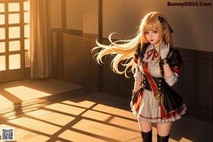 A woman in a maid outfit posing for a picture.