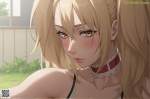 A naked anime girl sitting on a bed.