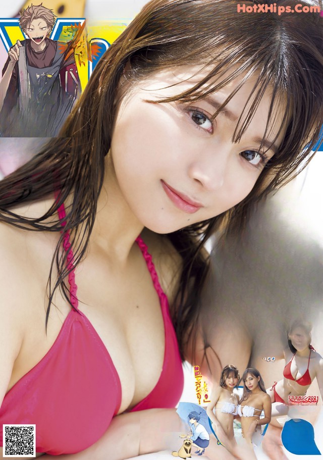 A woman in a pink bikini on a magazine cover.