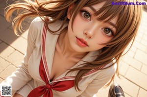 A woman in a school uniform is laying on a bed.