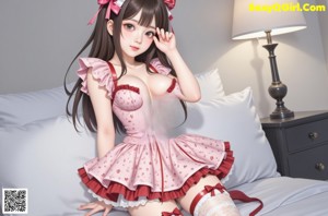 A girl in a pink dress and white stockings posing for a picture.