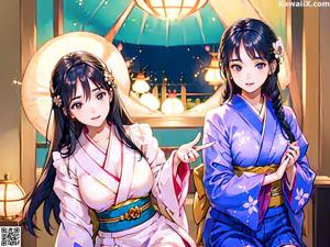 A woman in a pink kimono standing in front of a wall of lanterns.