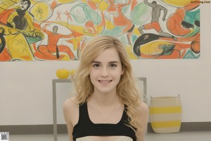 A nude woman with long blonde hair posing for the camera.