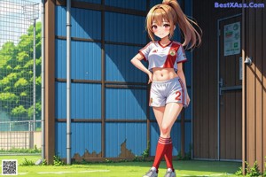 A woman in a red and white uniform leaning against a wall.