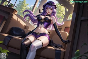 A woman with long purple hair wearing a black dress.