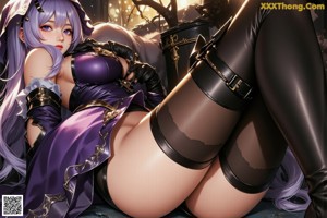 A woman with purple hair wearing a white shirt and black gloves.
