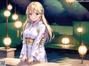 A woman in a kimono sitting on a bench in front of a building.