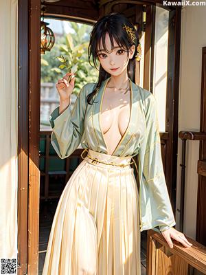 A woman in a kimono sitting on a bed.