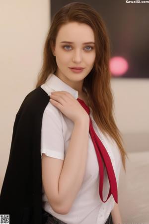 A woman in a black and white bra and panties posing for the camera.