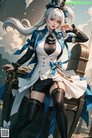 A woman in a white and blue outfit posing for a picture.