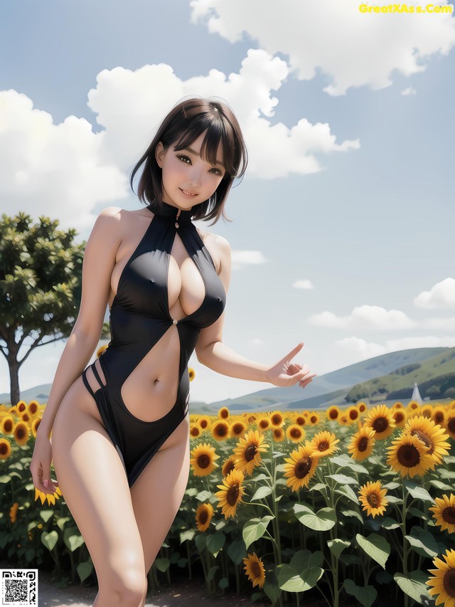 Hentai - 华彩繁花 Set 2 20230602 Part 8 No.48fad9 A woman in a black bathing suit standing in a field of sunflowers.