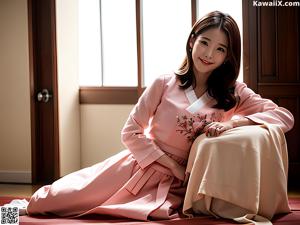 A woman in a blue and white hanbok poses for a picture.