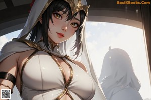 A woman in a black and gold outfit holding a sword.