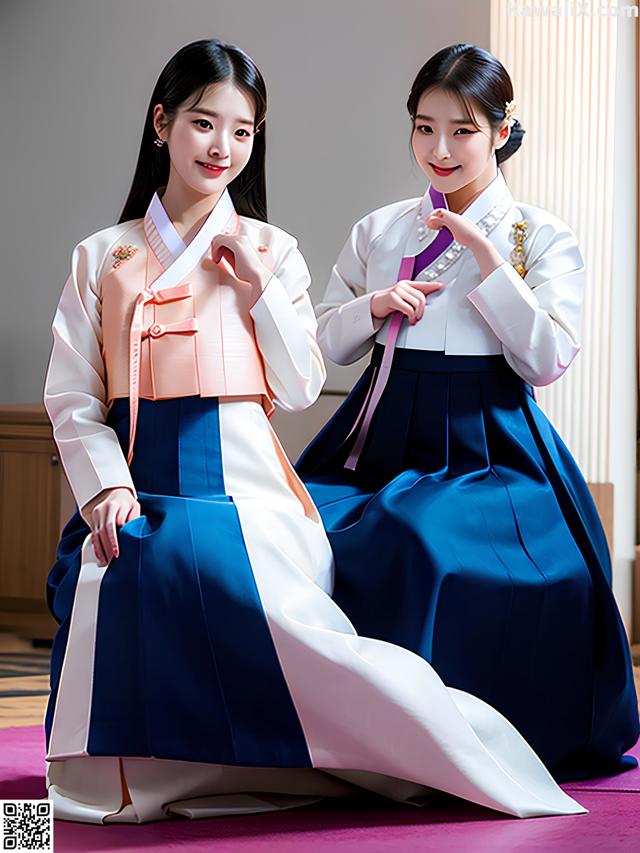 A couple of women in hanbok sitting next to each other.