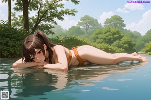 A woman in a white bikini standing next to a pool.